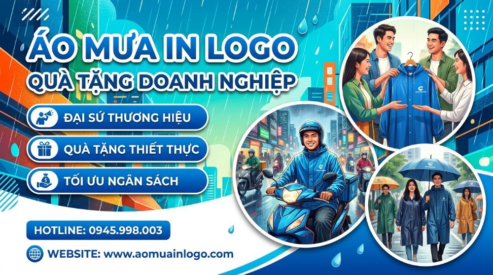 Áo mưa in logo quà tặng doanh nghiệp cao cấp màu xanh, thể hiện vai trò đại sứ thương hiệu, quà tặng thiết thực, tối ưu ngân sách. Hình ảnh minh họa khách hàng nhận, nhân viên giao hàng và người dùng mặc áo mưa có logo trong mưa.
