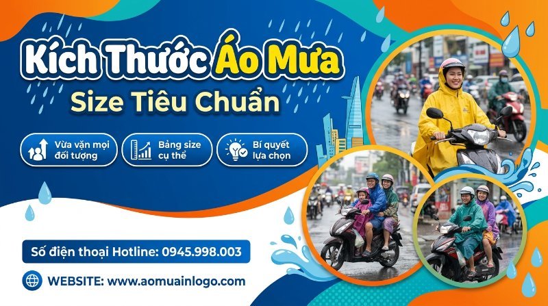 Banner quảng cáo Kích thước Áo Mưa Size Tiêu Chuẩn cho người Việt Nam, với hình ảnh người dân mặc áo mưa đủ màu sắc lái xe máy trong mưa, kèm các biểu tượng 'Vừa vặn mọi đối tượng', 'Bảng size cụ thể' và 'Bí quyết lựa chọn'.