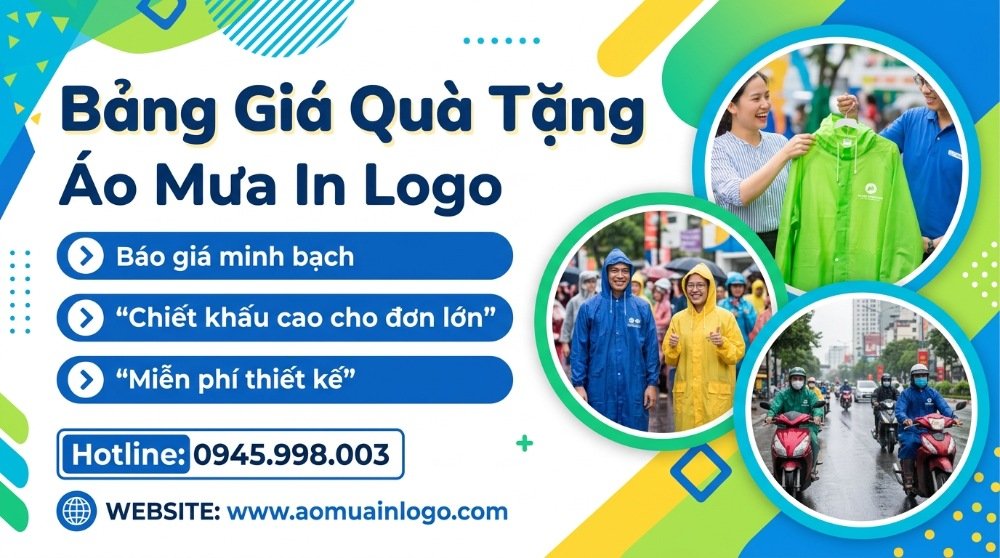 Bảng giá áo mưa in logo quà tặng mới nhất 2026, chiết khấu cao, thiết kế miễn phí. Hình ảnh khách hàng nhận và sử dụng áo mưa xanh, vàng, xanh lá đi xe máy.