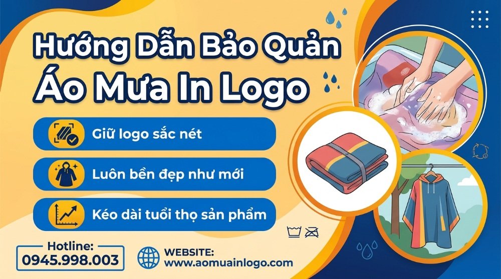 Hình ảnh minh họa hướng dẫn bảo quản áo mưa in logo, bao gồm các bước giặt, phơi khô và gấp gọn áo mưa để giữ logo sắc nét, áo bền đẹp như mới và kéo dài tuổi thọ sản phẩm.