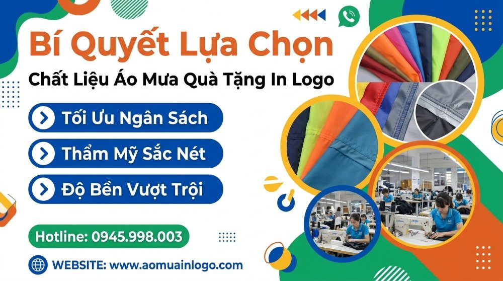 Hình ảnh banner quảng cáo về bí quyết chọn chất liệu áo mưa quà tặng in logo, hiển thị các mẫu vải áo mưa đa dạng, chi tiết đường may và xưởng sản xuất, nhấn mạnh tối ưu ngân sách, thẩm mỹ sắc nét và độ bền vượt trội cho áo mưa quà tặng.