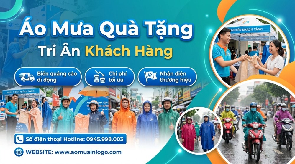 Áo mưa quà tặng khách hàng in logo, minh họa khả năng quảng cáo di động, chi phí tối ưu và nâng tầm nhận diện thương hiệu. Hình ảnh bao gồm cảnh tặng áo mưa, người mặc áo mưa nhiều màu sắc và người đi xe máy trong mưa.