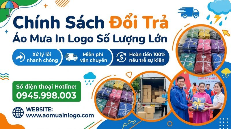 Banner quảng cáo chính sách đổi trả áo mưa in logo số lượng lớn, cam kết xử lý lỗi nhanh chóng, miễn phí vận chuyển và hoàn tiền 100% nếu trễ sự kiện, kèm hình ảnh áo mưa đa dạng và cảnh giao hàng.