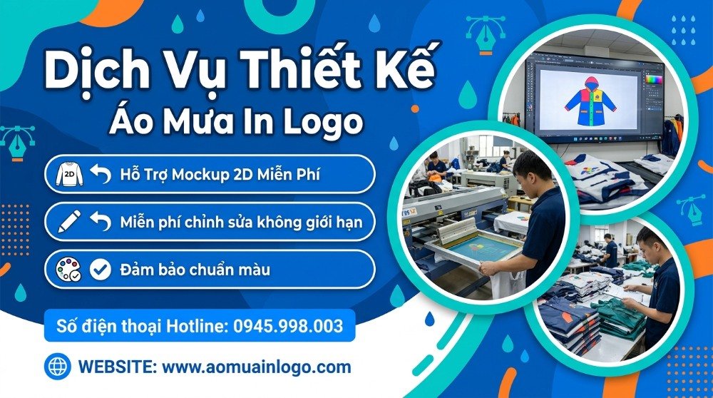 Banner quảng cáo dịch vụ thiết kế áo mưa in logo theo yêu cầu, hỗ trợ mockup 2D miễn phí, chỉnh sửa không giới hạn và đảm bảo chuẩn màu, với hình ảnh minh họa từ thiết kế trên màn hình đến quy trình in ấn và sản phẩm áo mưa thành phẩm.
