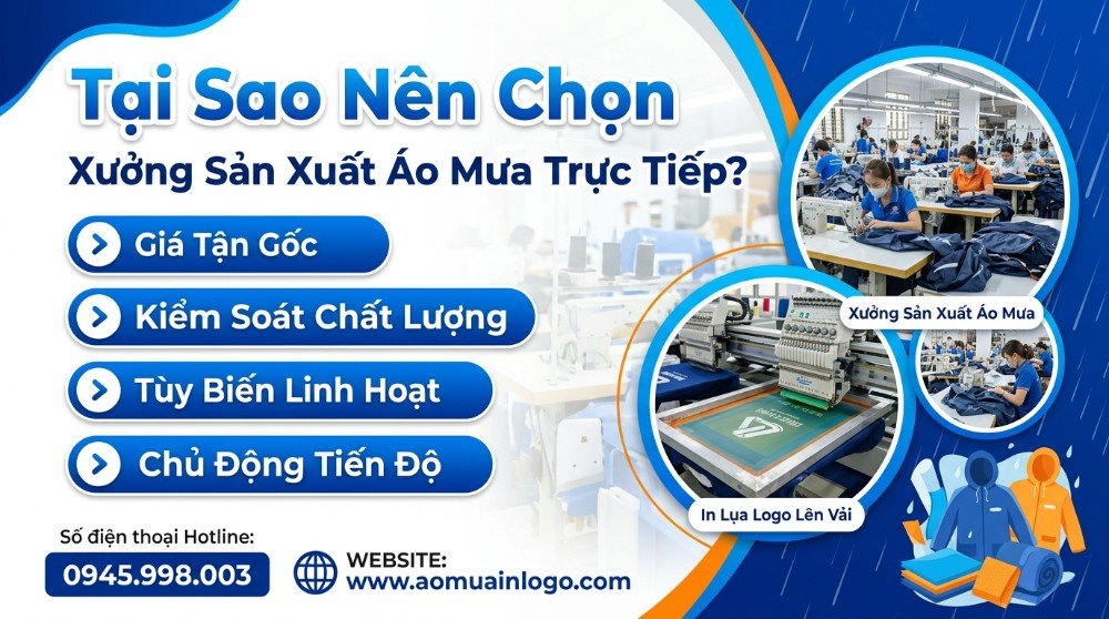 Infographic quảng cáo lợi ích đặt áo mưa in logo tại xưởng sản xuất trực tiếp, minh họa quy trình may, in ấn logo và sản phẩm áo mưa. Các lợi ích gồm giá gốc, kiểm soát chất lượng, tùy biến và chủ động tiến độ.