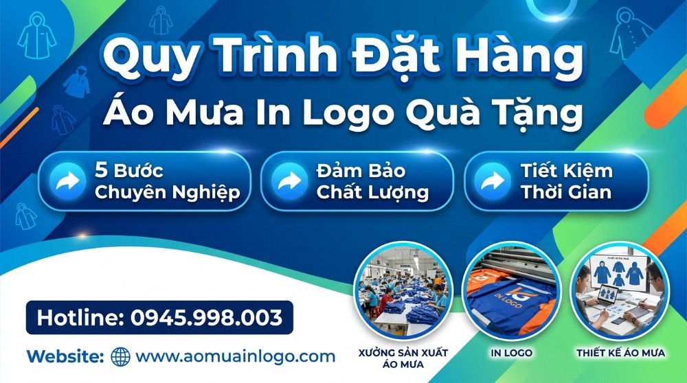 Infographic quy trình đặt áo mưa in logo quà tặng chuyên nghiệp, với 5 bước, đảm bảo chất lượng, tiết kiệm thời gian, minh họa các công đoạn xưởng sản xuất, in logo và thiết kế áo mưa.