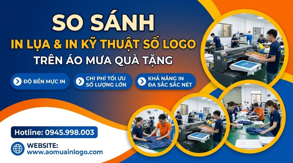 Banner so sánh in lụa và in kỹ thuật số logo lên áo mưa quà tặng, thể hiện các ưu điểm về độ bền mực in, chi phí tối ưu số lượng lớn và khả năng in đa sắc sắc nét, cùng hình ảnh xưởng sản xuất.