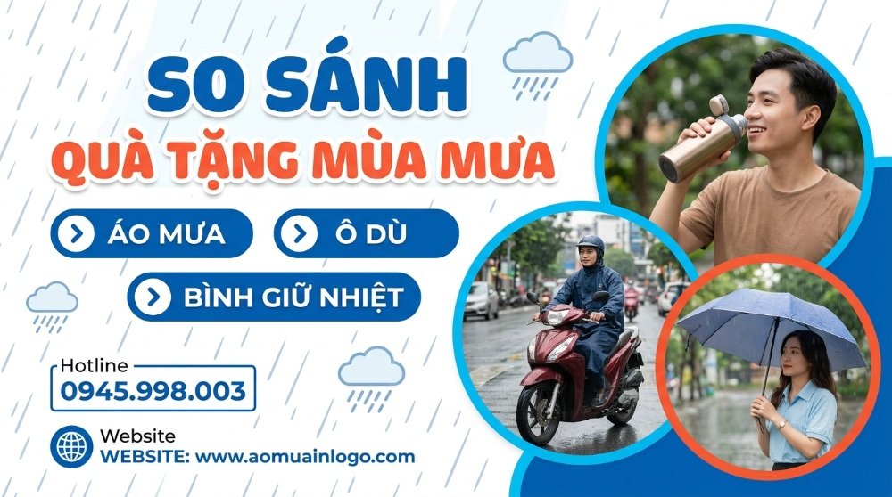 Banner quảng cáo so sánh các loại quà tặng mùa mưa phổ biến: áo mưa, ô dù, và bình giữ nhiệt, với hình ảnh người sử dụng thực tế trong bối cảnh trời mưa. Từ khóa: quà tặng mùa mưa, áo mưa, ô dù, bình giữ nhiệt.