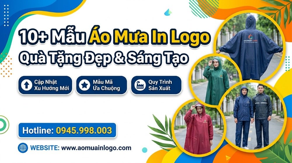 Tổng hợp các mẫu áo mưa in logo đẹp, đa dạng kiểu dáng như áo mưa cánh dơi, áo mưa bộ, áo mưa măng tô, phù hợp làm quà tặng doanh nghiệp sáng tạo và độc đáo.