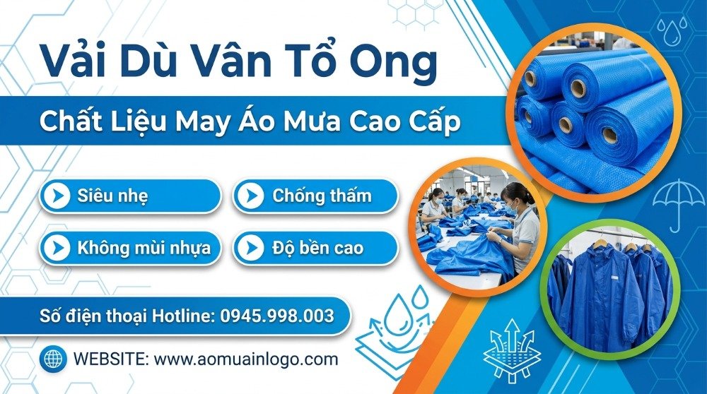 Hình ảnh quảng cáo vải dù vân tổ ong xanh, chất liệu may áo mưa cao cấp, với cuộn vải, quy trình sản xuất và áo mưa thành phẩm, thể hiện đặc tính siêu nhẹ, chống thấm, không mùi nhựa và độ bền cao.