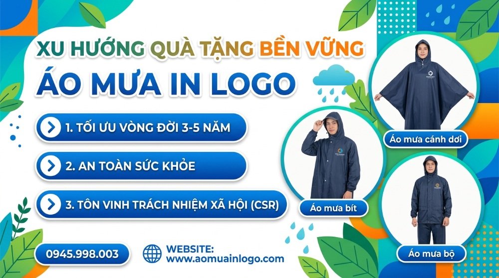 Áo mưa in logo làm quà tặng bền vững, quảng cáo các mẫu áo mưa cánh dơi, áo mưa bít, áo mưa bộ với cam kết tối ưu vòng đời 3-5 năm, an toàn sức khỏe, và tôn vinh CSR. Lý tưởng cho doanh nghiệp nâng tầm thương hiệu.