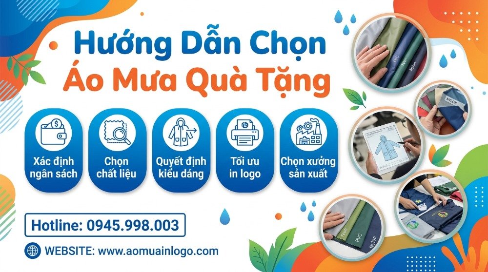 Hình ảnh infographic hướng dẫn các bước chọn áo mưa quà tặng cho doanh nghiệp, bao gồm xác định ngân sách, chọn chất liệu (PVC, Nylon), quyết định kiểu dáng, tối ưu in logo và chọn xưởng sản xuất áo mưa, minh họa bằng hình ảnh thực tế về vải và quy trình thiết kế.