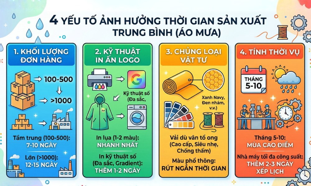 Các yếu tố ảnh hưởng đến thời gian sản xuất áo mưa in logo