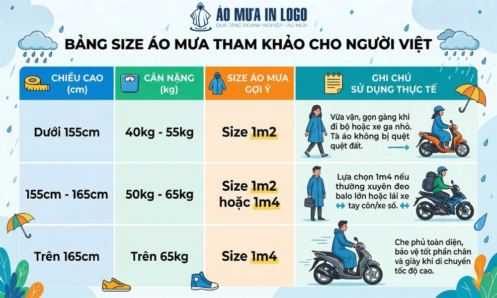 Tư vấn bảng size áo mưa tham khảo