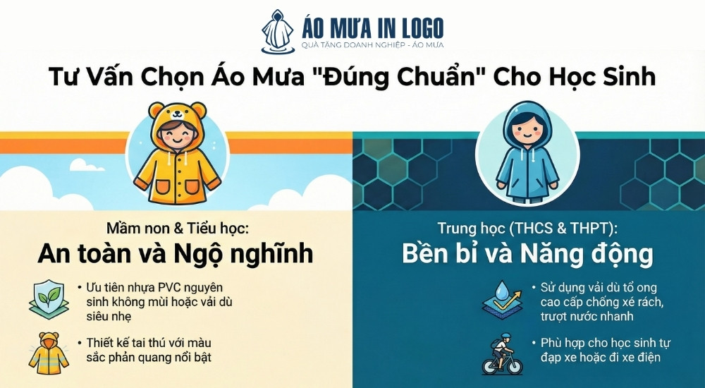Lựa chọn dáng áo mưa phù hợp với đối tượng học sinh