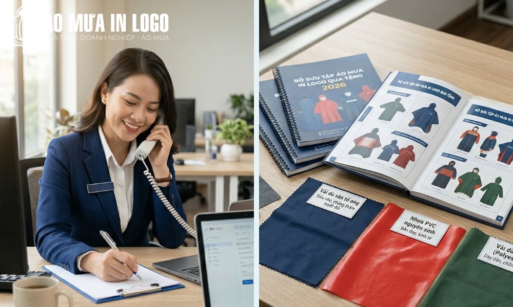 Nhân viên tư vấn và giới thiệu catalogue quà tặng áo mưa