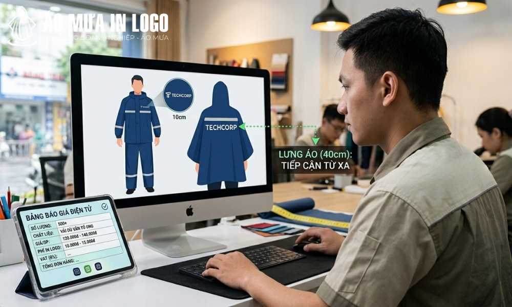 Thiết kế demo logo thương hiệu lên mẫu áo mưa