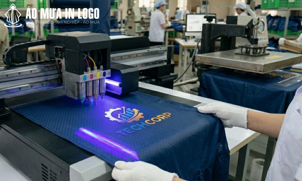 Sử dụng máy in UV in trực tiếp logo trên áo mưa