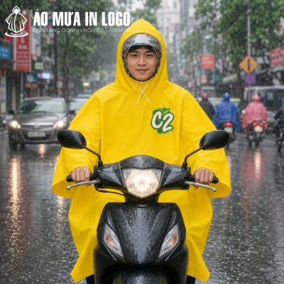 Một chàng trai trẻ người Việt Nam đội mũ bảo hiểm và trùm mũ áo mưa vàng C2 lái xe máy dưới trời mưa