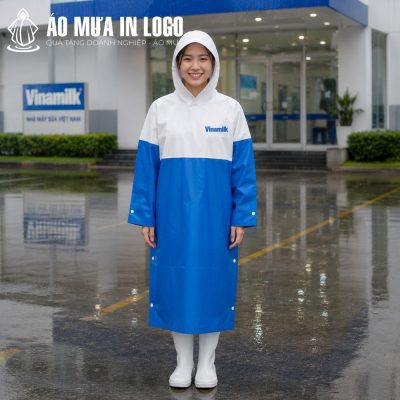 Nữ nhân viên mặc áo mưa Vinamilk AM-CC08 đứng trước sảnh văn phòng ngày mưa