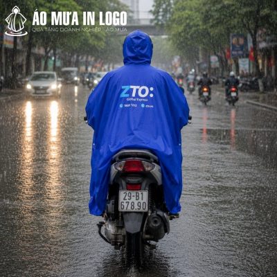 Góc nhìn từ phía sau cho thấy logo ZTO Express được in sắc nét và nổi bật trên nền áo mưa màu xanh dương