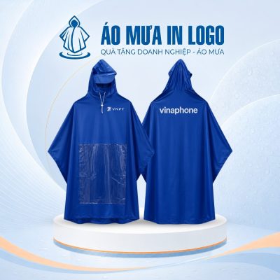 Mẫu áo mưa quà tặng sắc xanh nổi bật, tôn vinh hình ảnh thương hiệu thông qua logo in sắc sảo ở hai mặt trước sau.