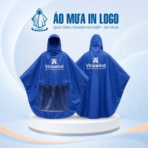 Hình ảnh chiếc áo che mưa màu xanh dương đậm in logo trắng nổi bật, mang lại cảm giác thanh lịch và chuyên nghiệp