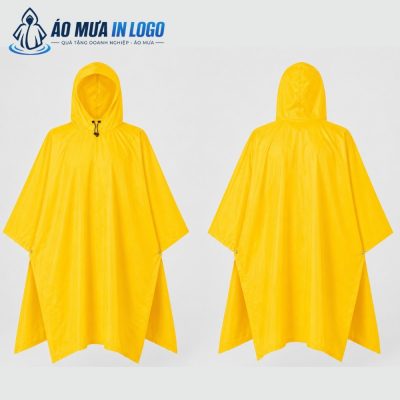 Mặt trước và mặt sau của áo mưa cánh dơi màu vàng AM-CD09 trên phông nền xám tối giản.