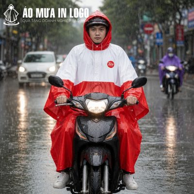 Nam nhân viên lái xe máy mặc áo mưa cánh dơi phối màu đỏ trắng di chuyển an toàn trong mưa