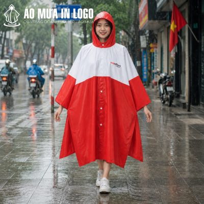 Cô gái trẻ mỉm cười đi bộ trên vỉa hè ướt nước dưới trời mưa, mặc áo mưa cánh dơi phối đỏ trắng dáng rộng thoải mái