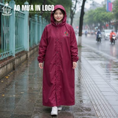Nữ nhân viên công sở diện chiếc áo mưa măng tô dáng dài đi bộ thoải mái dưới trời mưa