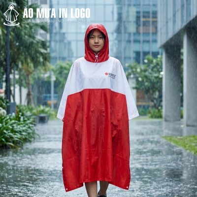 Mặt trước áo mưa poncho phối màu trắng đỏ với mũ trùm đầu dây rút che kín mặt