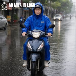 Nam nhân viên mặc bộ áo mưa AM-TB04 lái xe máy an toàn trên đường phố mưa gió