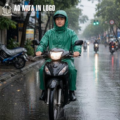 Nam giới di chuyển an toàn trên xe máy dưới trời mưa lớn với bộ áo mưa AM-TB06 màu xanh lục bảo