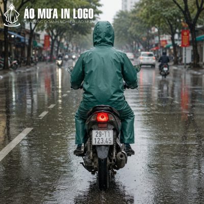 Góc nhìn từ phía sau của người lái xe máy mặc bộ áo mưa AM-TB06 dưới mưa