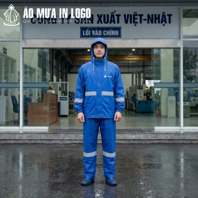 Người mẫu mặc bộ quần áo mưa VNPT đứng trước cổng nhà máy sản xuất