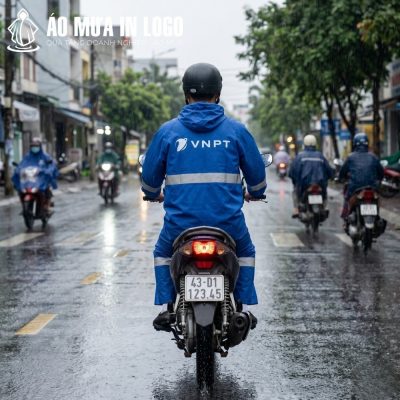 Góc nhìn từ phía sau người mẫu lái xe máy dưới mưa làm nổi bật logo VNPT và dải phản quang