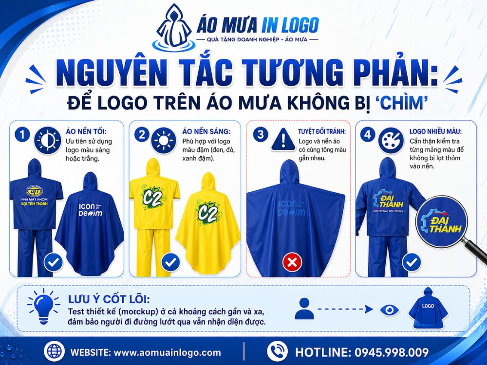 Nguyên tắc tương phản giúp logo nổi bật trên áo mưa quà tặng